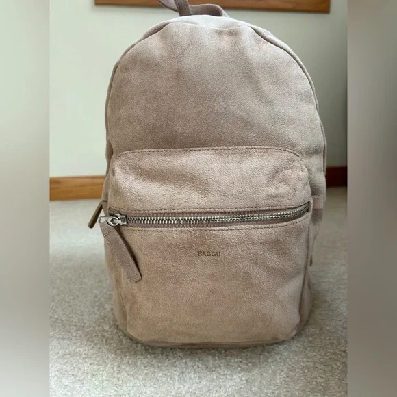 BAGGU Small Leather Backpack in Dune Tan Suede - Picture 9 of 11